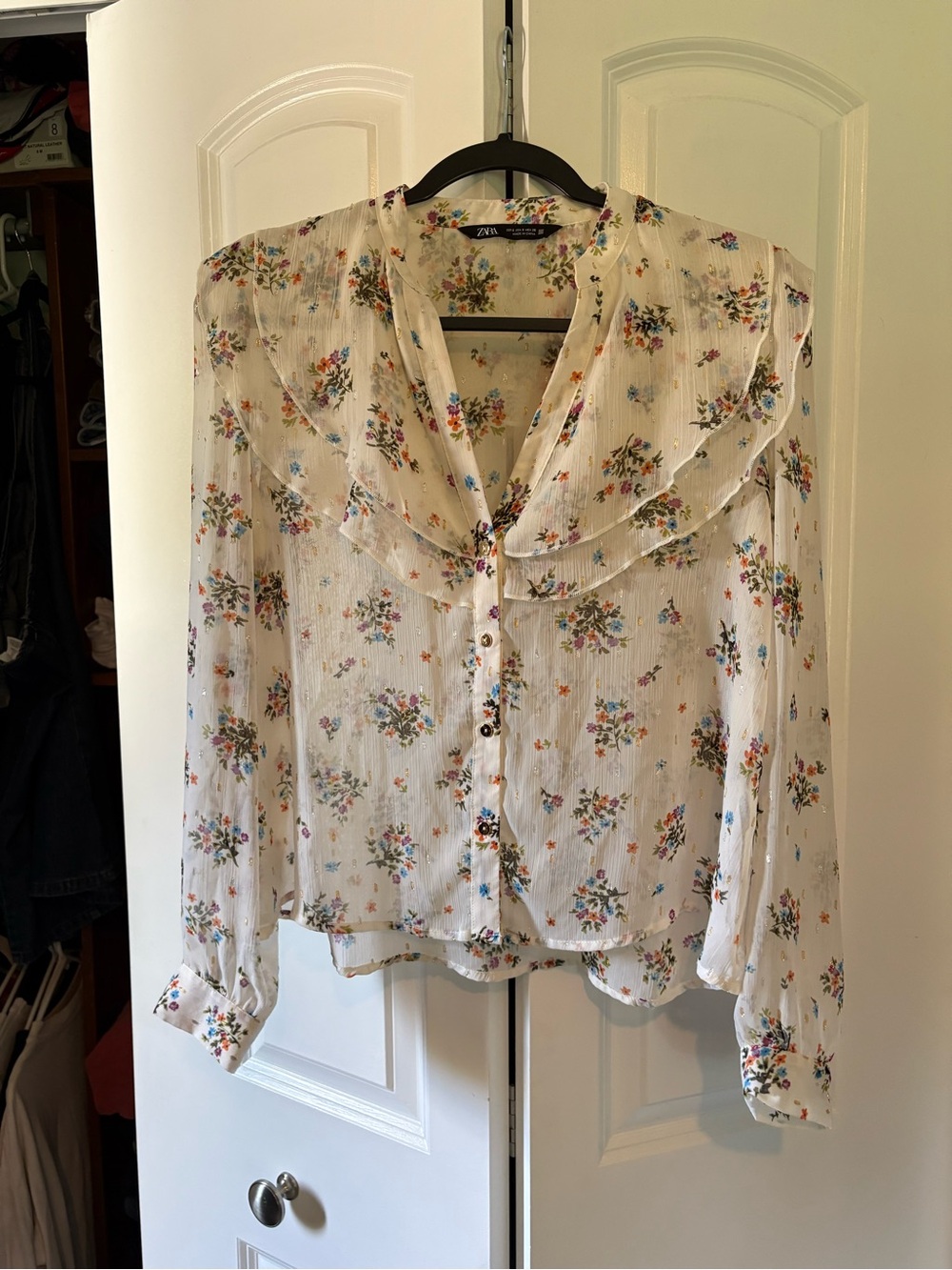 Zara Cream Floral Ruffle Blouse with Multicolor Print